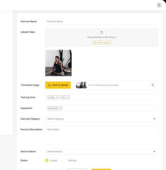 Fitness Portal Admin Panel Exercises Screen