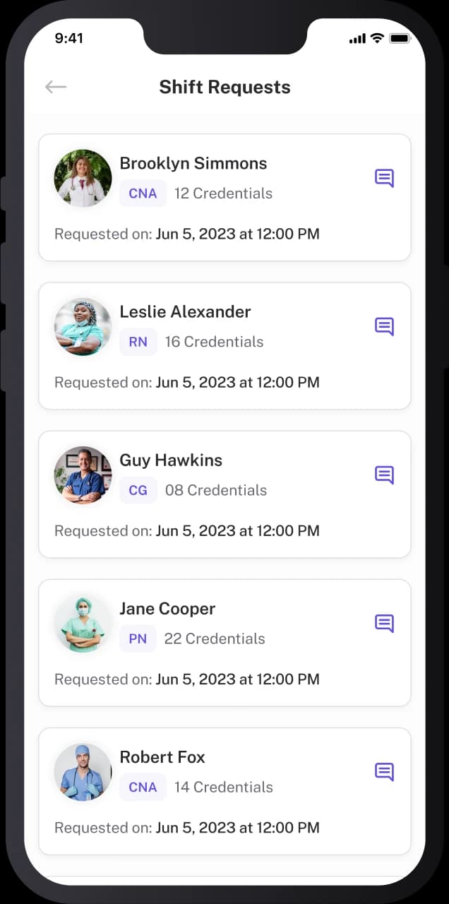 Facility App Shift Requests Screen