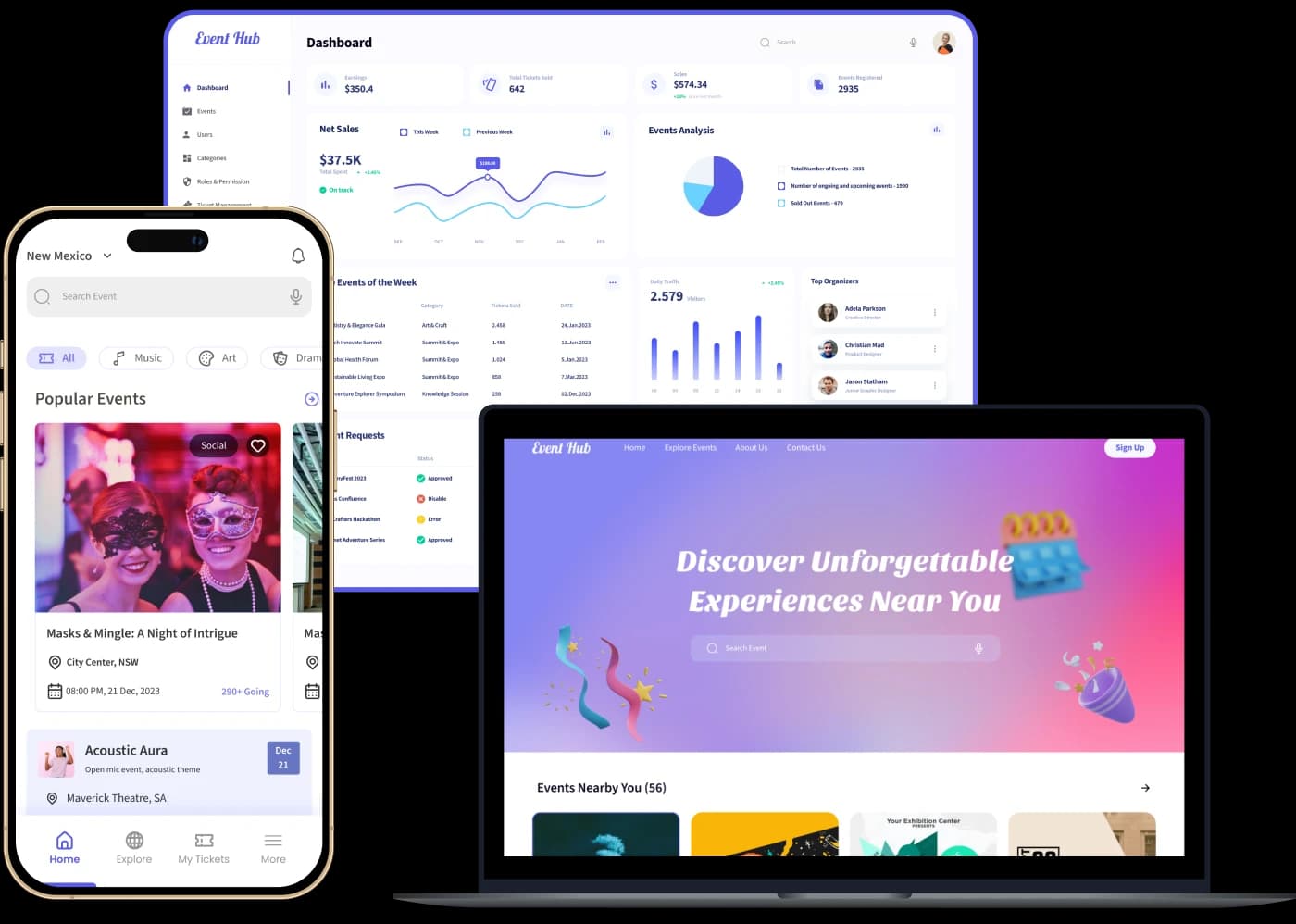 Event management app dashboard with scheduling features