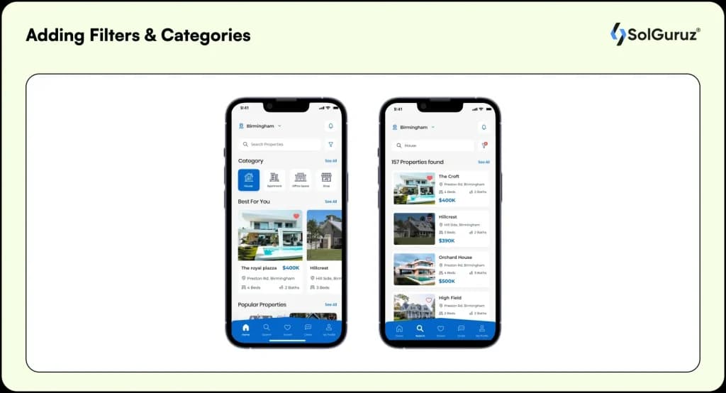 Real estate app UI showing property filters, search categories, and featured listings.