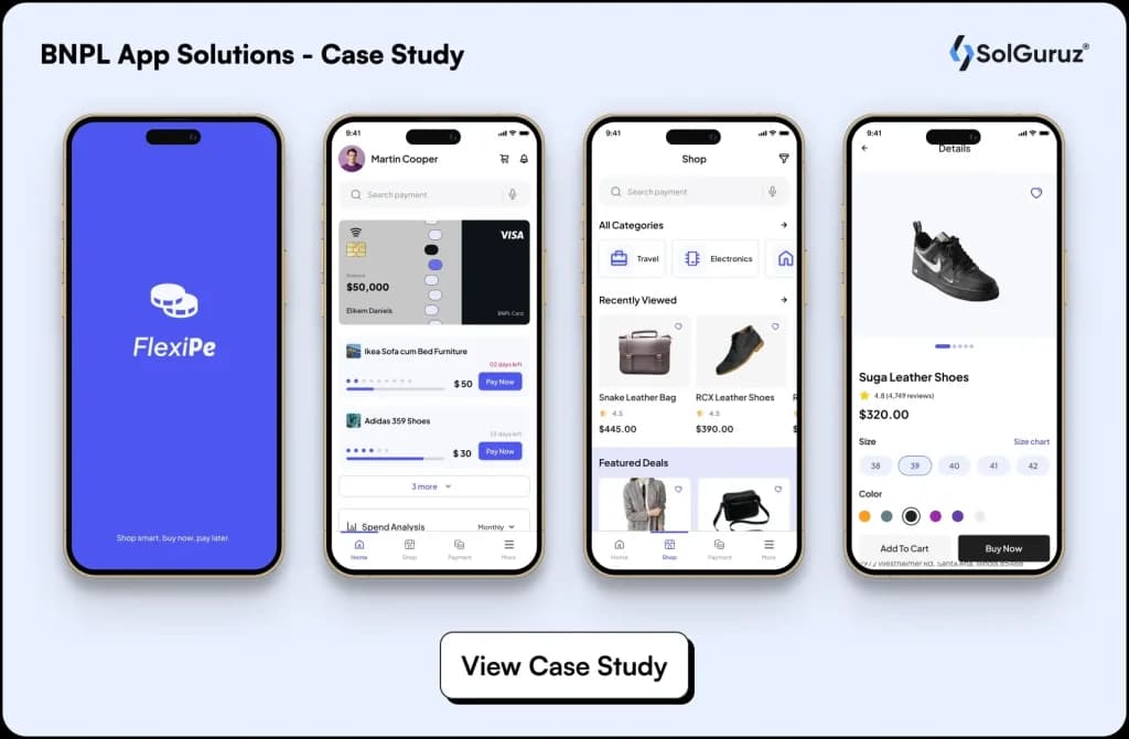BNPL app solutions case study showing UI of buy now pay later mobile app for eCommerce and fintech app development.