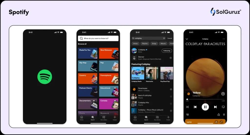 Spotify app interface showing trending songs and playlist options.