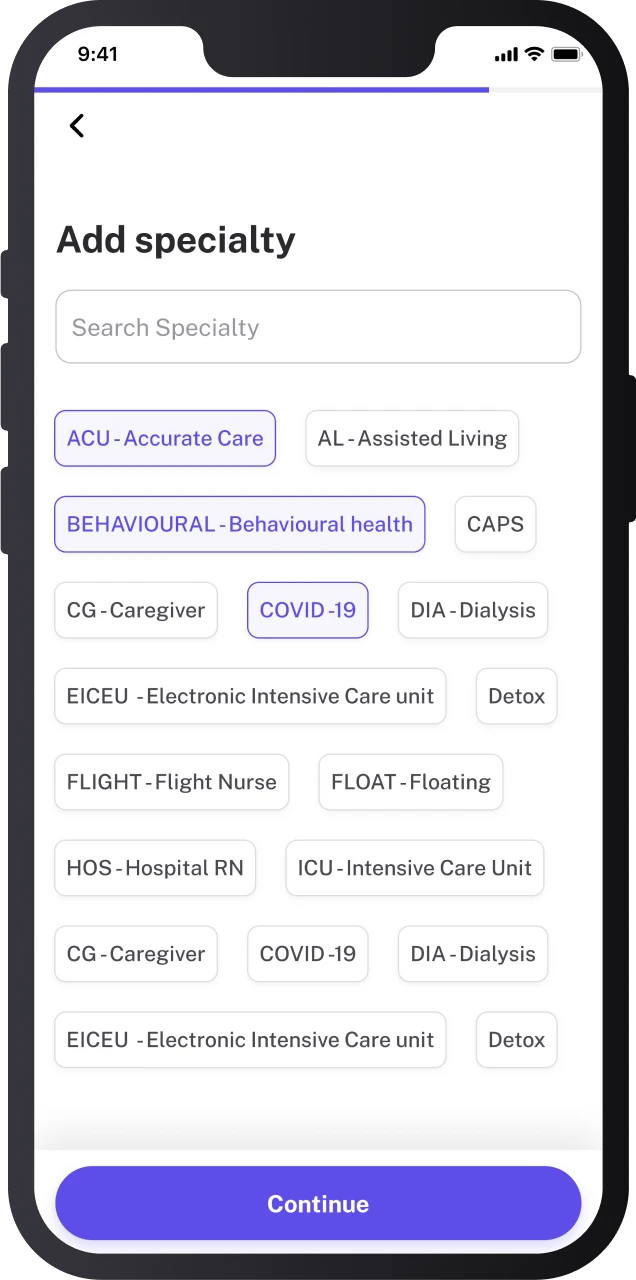 Facility App Add Speciality Screen