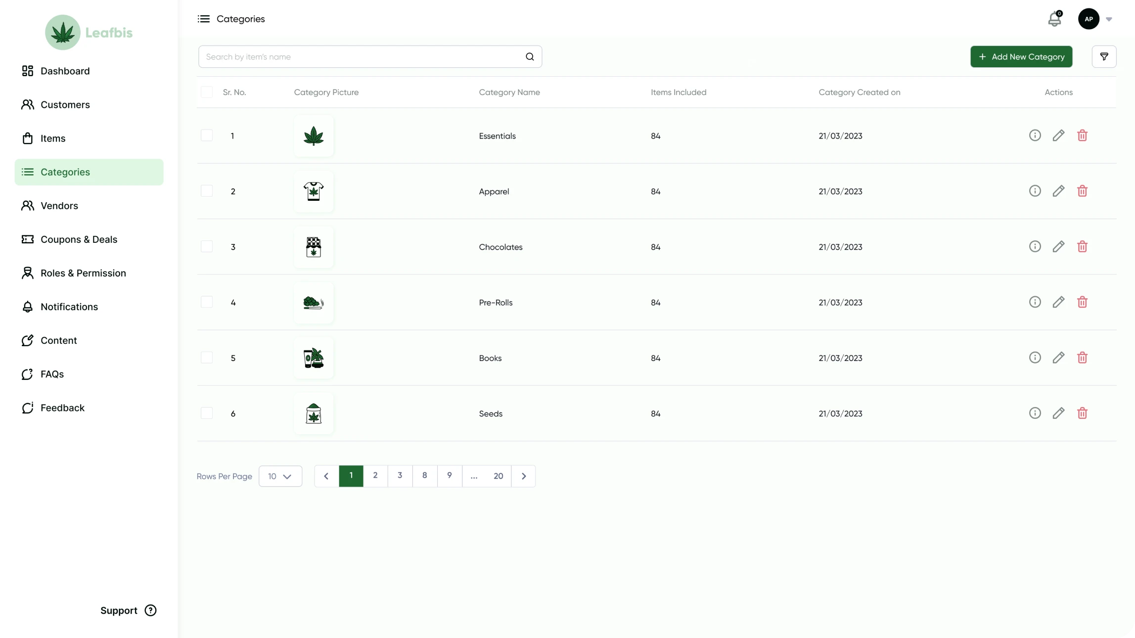 Cannabis Delivery Admin Panel Category Screen