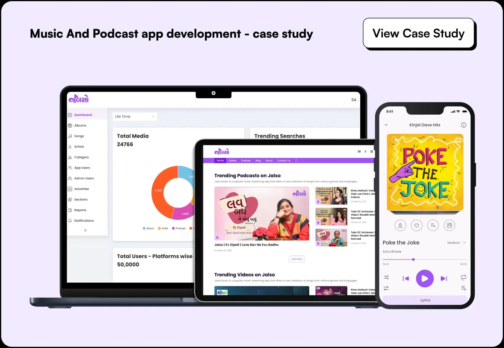 Music and podcast app development case study showcasing streaming dashboard, trending podcast UI, and audio player interface across devices.