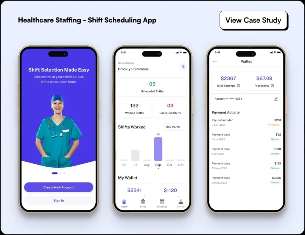 Healthcare shift scheduling app UI for nurses.