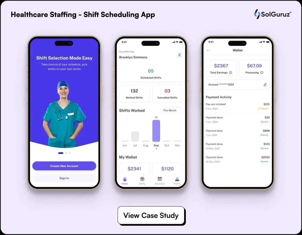 healthcare staffing shift scheduling app UI with nurse login, shift tracking, and earnings dashboard