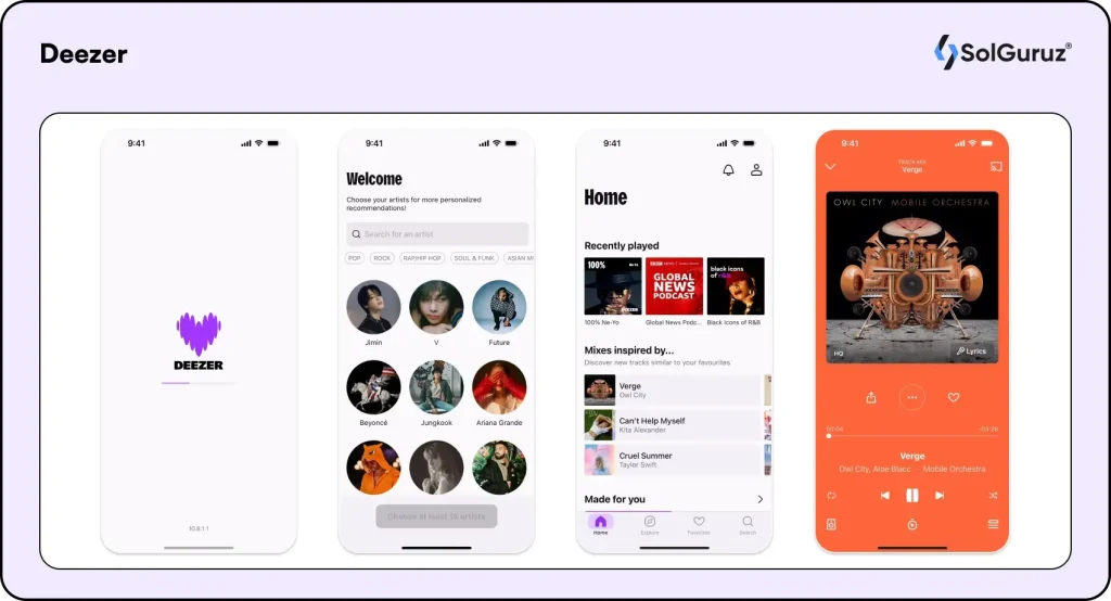 Deezer music streaming app homepage showing audio discovery features.