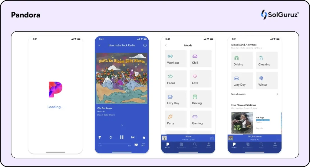Pandora radio and music app interface for personalized listening.
