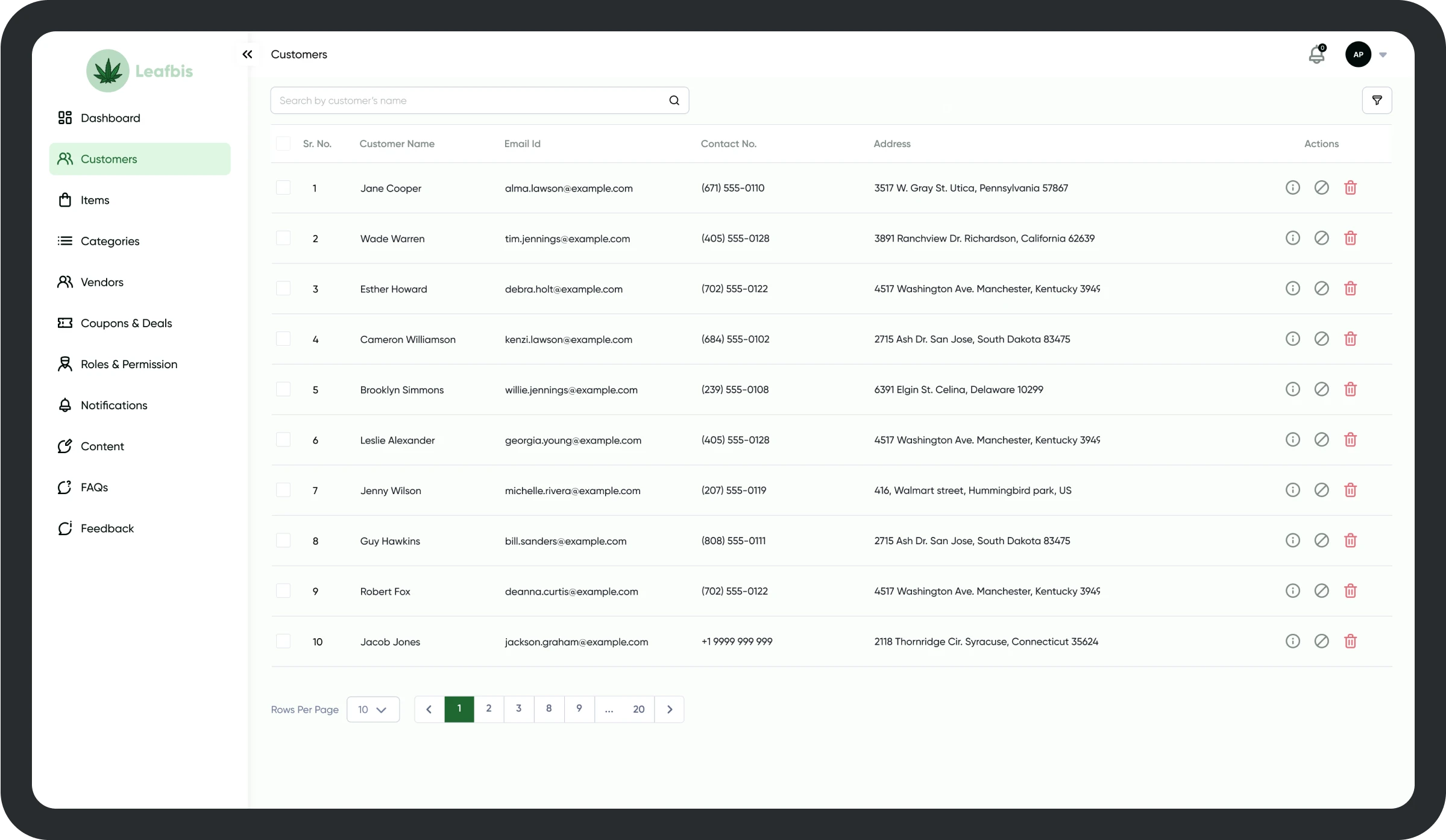 Cannabis Delivery Admin Panel Customers Screen