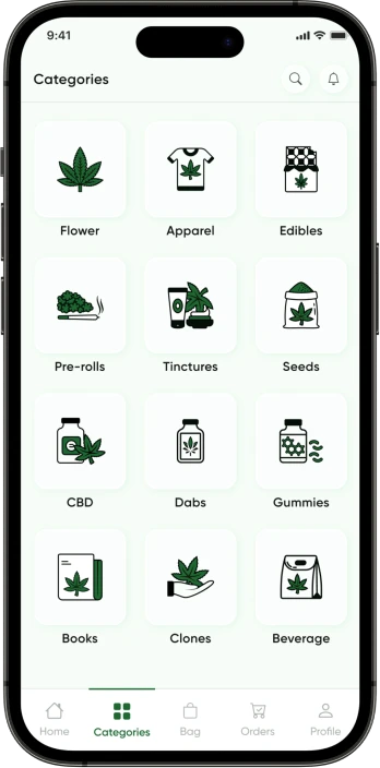 Cannabis Delivery App Categories Screen of Customer App