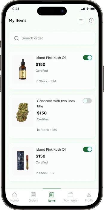 Cannabis Delivery App Categories Screen of Vendor App