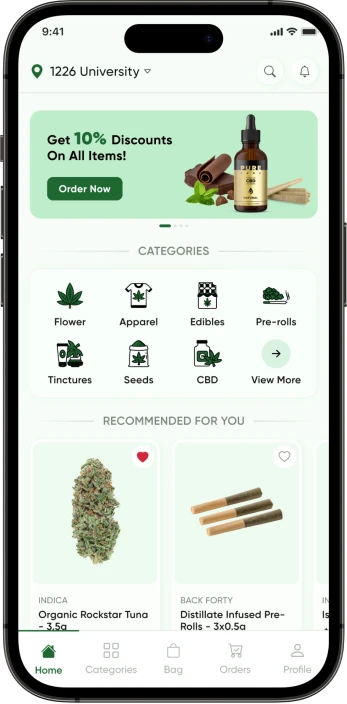 Cannabis Delivery App Home Screen of Customer App