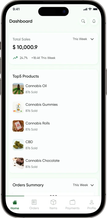 Cannabis Delivery App Home Screen of Vendor App