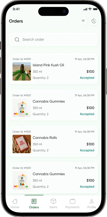 Cannabis Delivery App Product List Screen of Vendor App