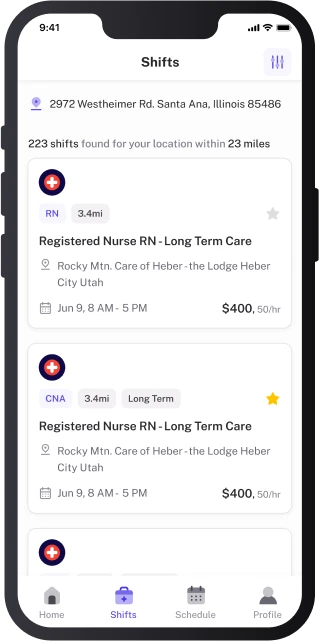 Clinician’s App Shifts screen